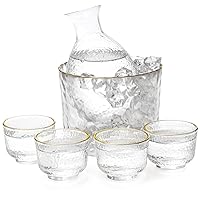 Coloch Set of 6 Sake Pot Set, Japanese Cold Sake Glass Set, 1 Clear Sake Bottle, 1 Sake Tank and 4 Sake Cups Wine Pot Glass Kit with Golden Trim for Cold/Warm/Hot Sake, Gift