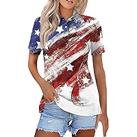 Women's American Flag Shirt Short Sleeve Henley Neck Casual Print T-Shirts Independence Day T-Shirts Patriotic Tee Tops