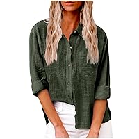 Overstock Deals Cotton Linen Button Down Shirts for Women Long Sleeve Collared Work Blouse Trendy Loose Fit Summer Tops with Pocket