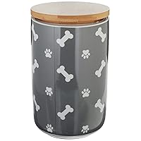 Bone Dry Ceramic Canister for Pet Treats Bamboo Twist to Close Lid, Dishwasher Safe, Keep Dog & Cat Food Safe and Dry, Treat Jar, 4x6.5, Gray Paw & Bone