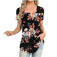 Womens Going Out Tops Dressy Square Neck Short Sleeve T Shirt Summer Floral Graphic Tees Casual Front Pleated Tunic Blouse