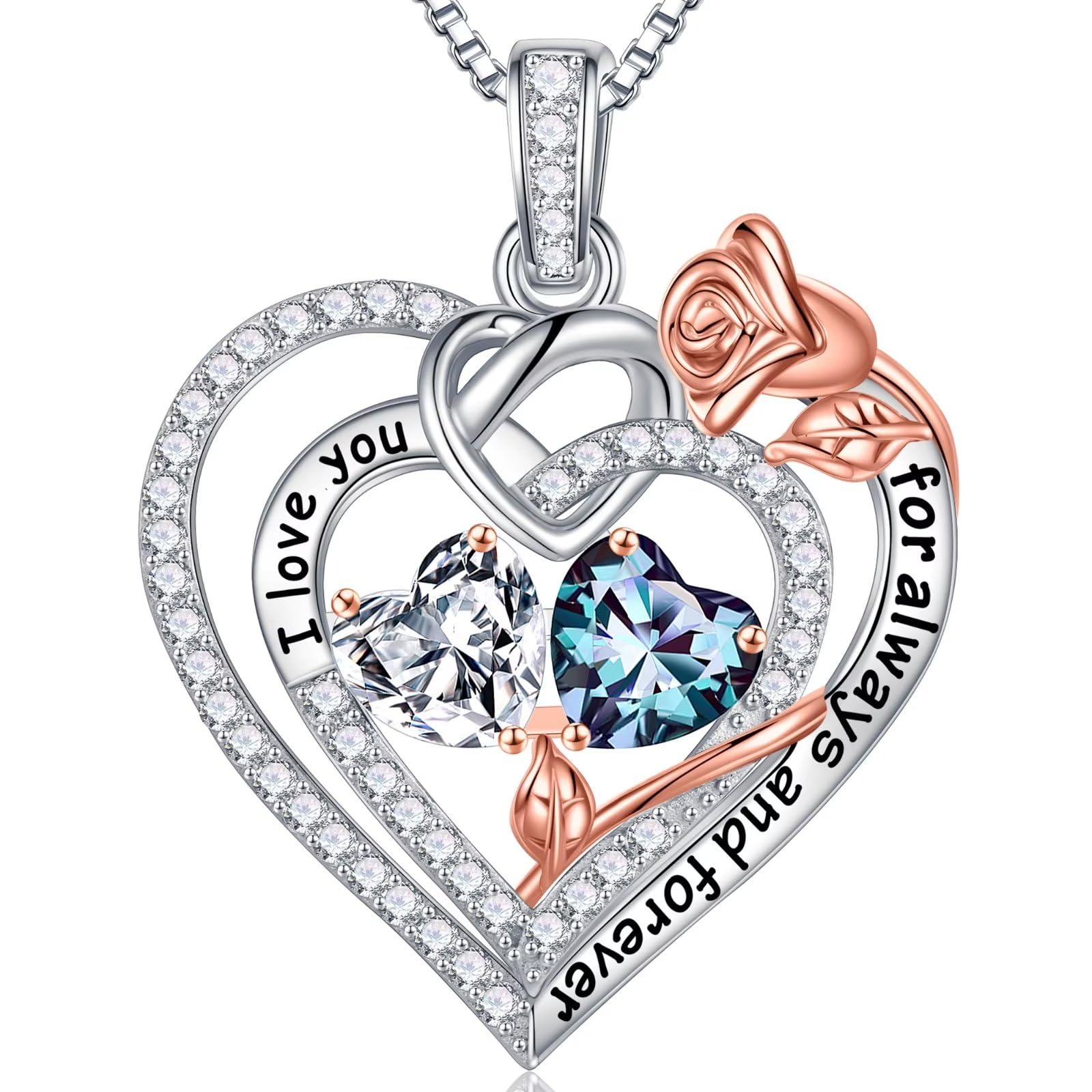 Iefil Rose Heart Birthstone Necklace Gifts for Women, 925 Sterling Silver Birthstone Jewelry Mothers Day Birthday Gifts for Women Anniversary Christmas Gifts for Her Mom Daughter Wife Girlfriend