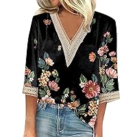 Womens Plus Size Summer Tops Dressy Casual 3/4 Sleeve Shirts Floral Print Graphic Tees Elegant Lace V Neck T Shirts