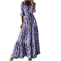 Women’s Summer Casual Loose Maxi Dress 3/4 Sleeve V Neck Long Dress Tiered Floral Printed Tie Waist Beach Sundresses