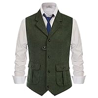 PJ PAUL JONES Mens Western Herringbone Suit Vest Tweed Wool Blend Slim Fit Waistcoat