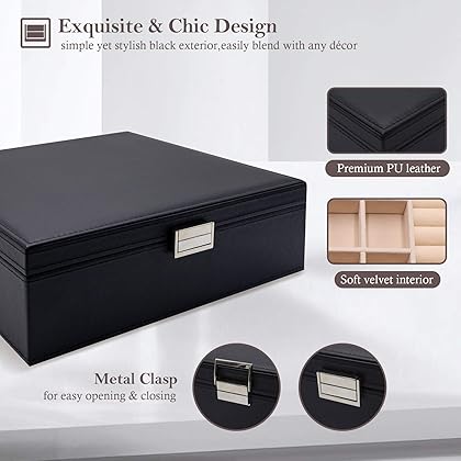 ProCase Jewelry Box for Women Girls, Large Leather Jewelry Organizer Storage Case with Two Layers Display for Earrings Bracelets Rings Watches -Black