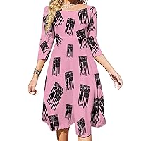 National Guard Patriotic Army American Flag Midi Dresses for Women Tie Flared A-Line Swing 3/4 Sleeves Cute Sundress