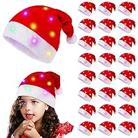 30 Pcs Christmas Hat for Kids LED Light Santa Hat Bulk Xmas Lighted Plush Hat for Christmas Party Costume Supplies