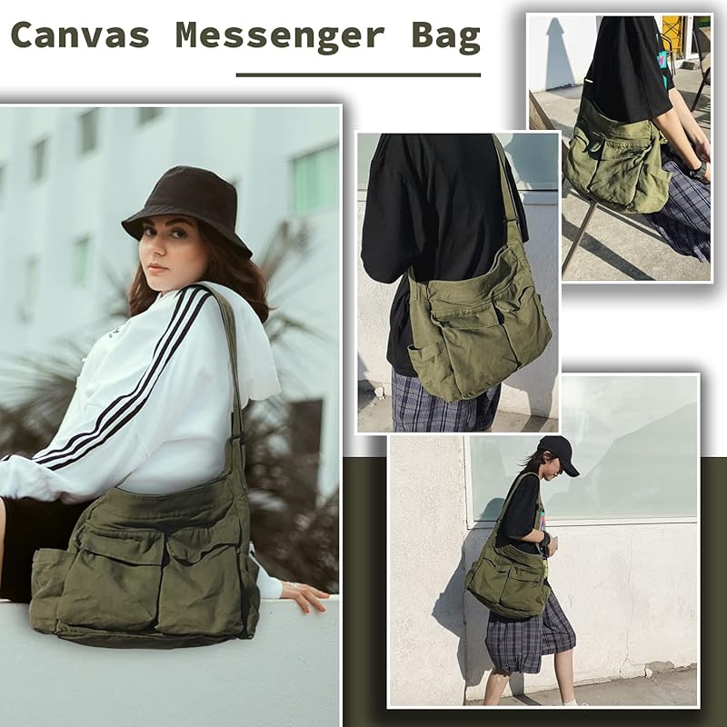 Canvas Messenger Bag Large Hobo Crossbody Bag With Multiple Pockets Canvas  Shoulder Tote Bag For Women And Men