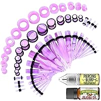BodyJ4You 48PC Ear Stretching Kit 14G-00G - Aftercare Jojoba Oil Keloid Bump Drops - Marble Purple Acrylic Plugs Gauge Tapers Silicone Tunnels - Lightweight Expanders Men Women