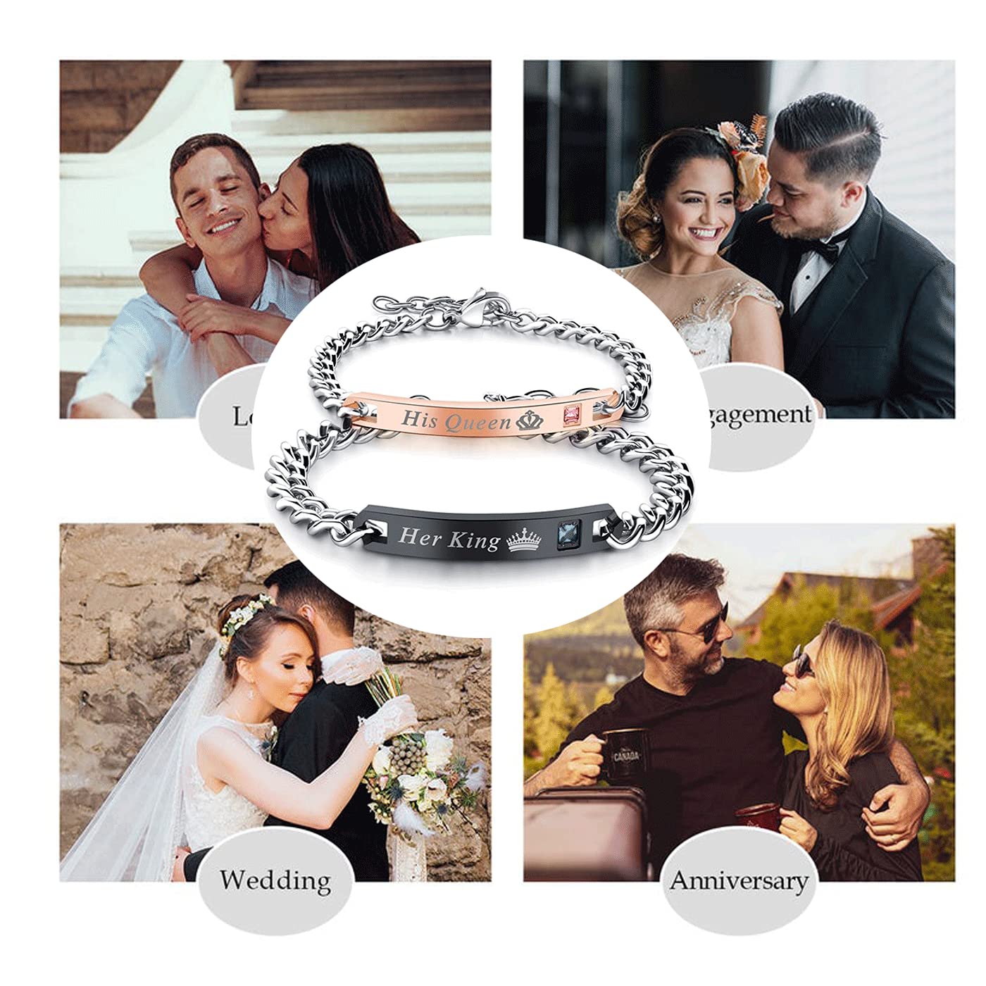 SXNK7 Gift for Lover His Queen Her King Stainless Steel Couple Bracelets for Women Men Jewelry Matching Set
