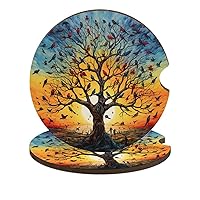 Tree Birds Life Printed Car Coasters Wood Drinks Pad Absorbent Cup Holders for Car Travel Home Decor