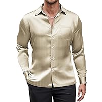 COOFANDY Men's Luxury Satin Dress Shirt Shiny Silk Long Sleeve Button Up Shirts Wedding Shirt Party Prom, beige