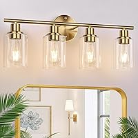 4-Light Bathroom Light Fixtures, Brushed Gold Modern Vanity Lights Over Mirror with Clear Glass Shade, Bathroom Wall Lamp for Mirror Kitchen Living Room Hallway Cabinet Porch Bedroom Reading room