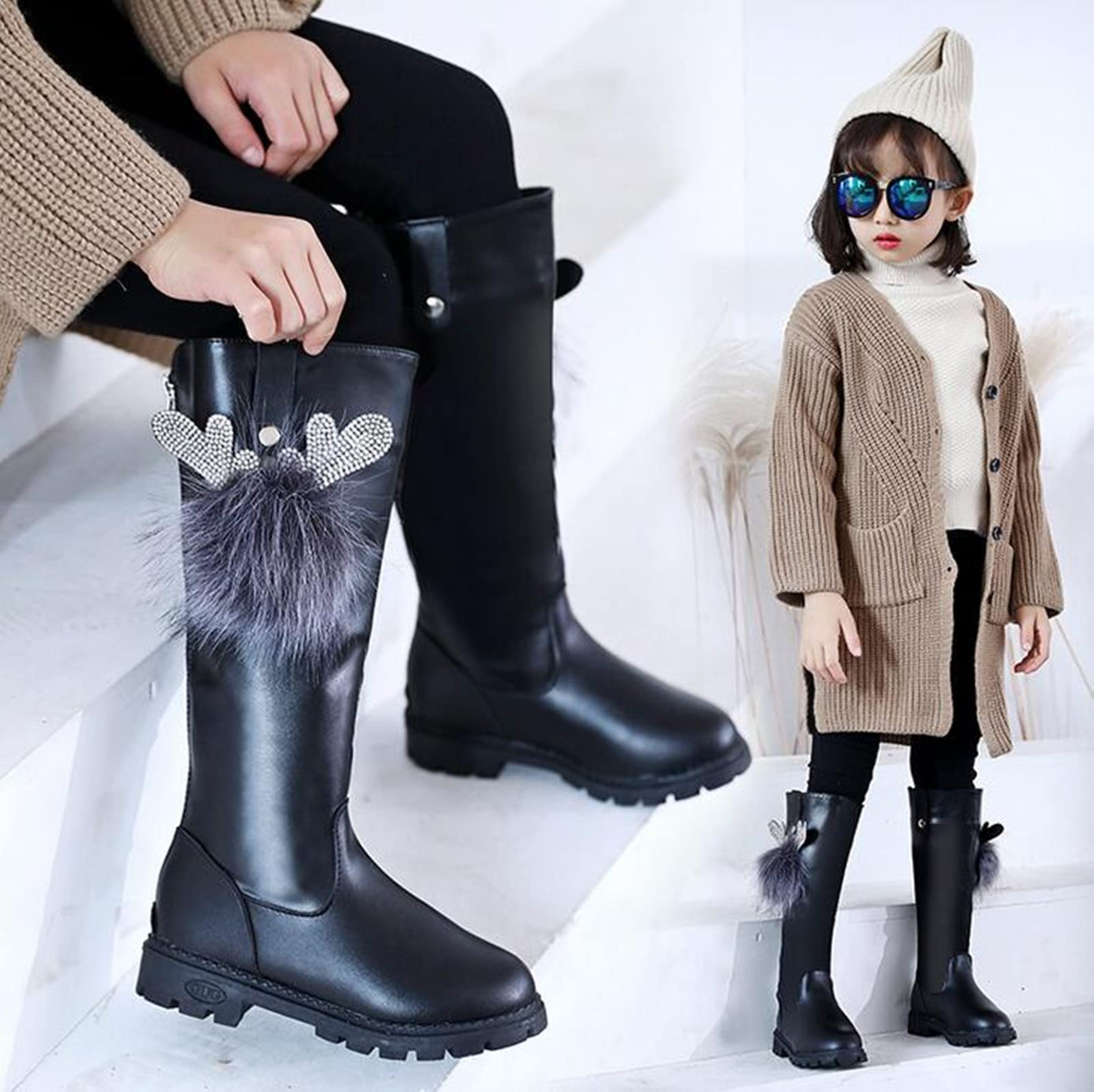 DADAWEN Girl's Waterproof Pom Pom Back Zipper Knee High Winter Riding Boots (Toddler/Little Kid/Big Kid)