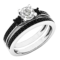 Dazzlingrock Collection 5 MM Center Round Lab Created Gemstone with Natural Black Diamond Three Stone Engagement Ring Set for Women | 925 Sterling Silver