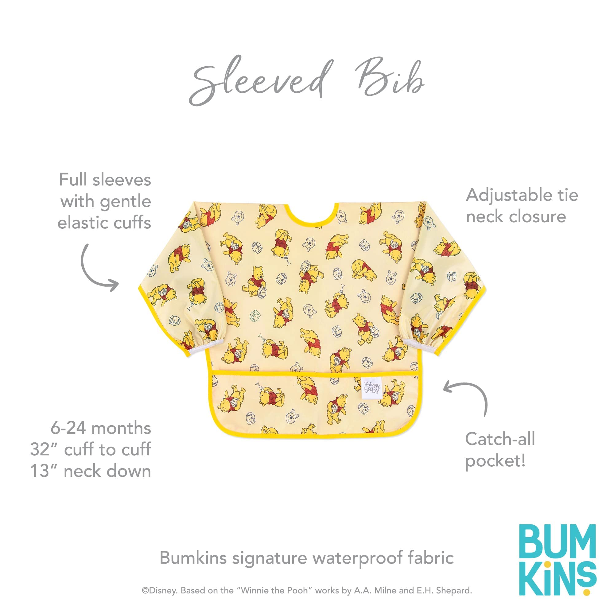 Bumkins Sleeved Bib Baby Bib, Toddler Bib, Smock, Waterproof Fabric, Fits Ages 6-24 Months