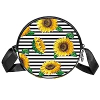Sunflowers Black White Stripe Crossbody Bag for Women Teen Girls Round Canvas Shoulder Bag Purse Tote Handbag Bag