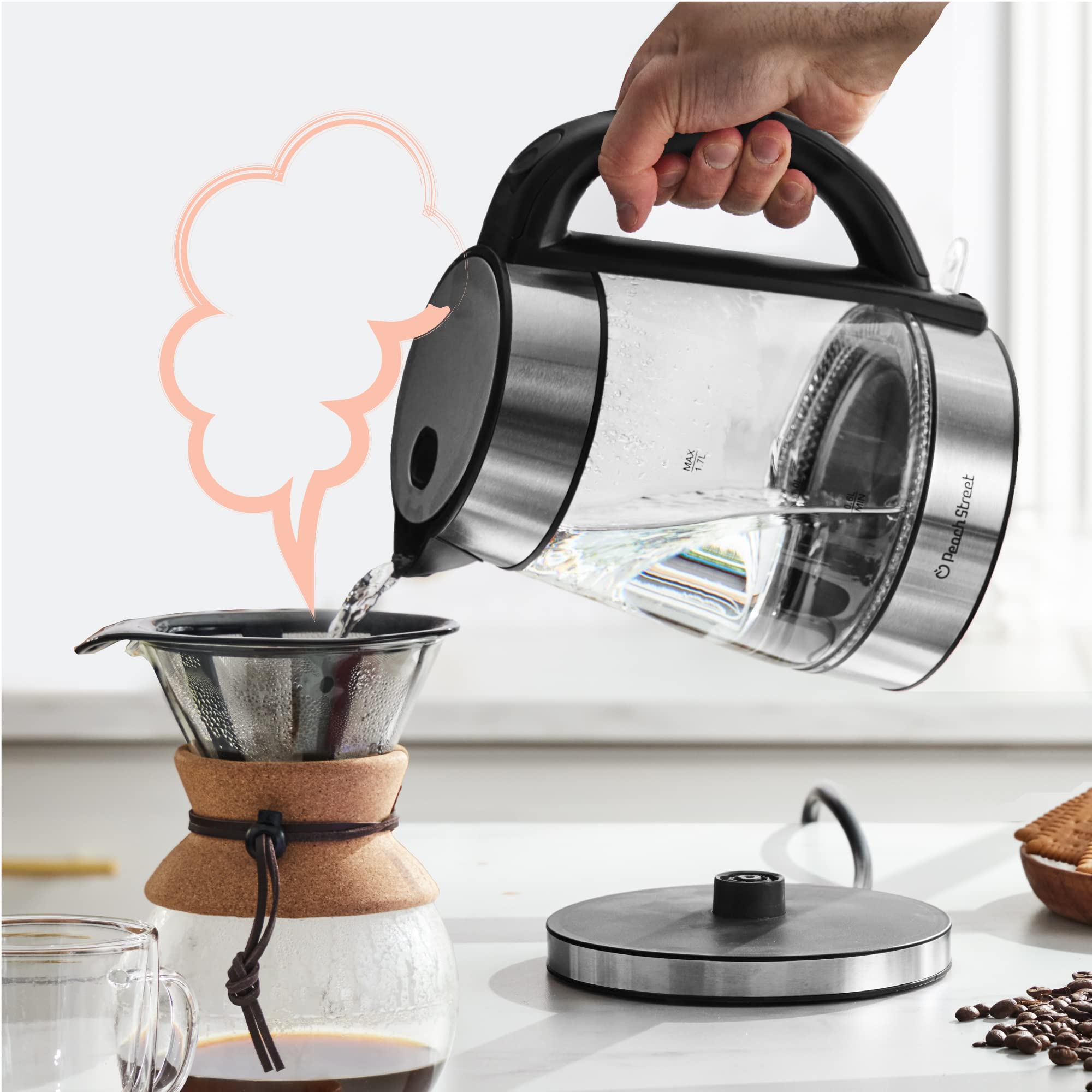 Speed-Boil Electric Kettle - 1.7L Water Boiler 1500W, Coffee & Tea Kettle Borosilicate Glass, Easy Clean Wide Opening, Auto Shut-Off, Cool Touch Handle, LED Light. 360° Rotation, Boil Dry Protection