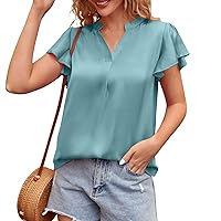 Women's Short Sleeve Shirts, Women Soild V Neck Cute Tee Pleated Dressy Casual T Shirt Tops Ruched, S, XXL