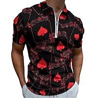 Ace Hearts Playing Card Poker Men's Zippered Polo Shirts Short Sleeve Golf T-Shirt Regular Fit Casual Tees