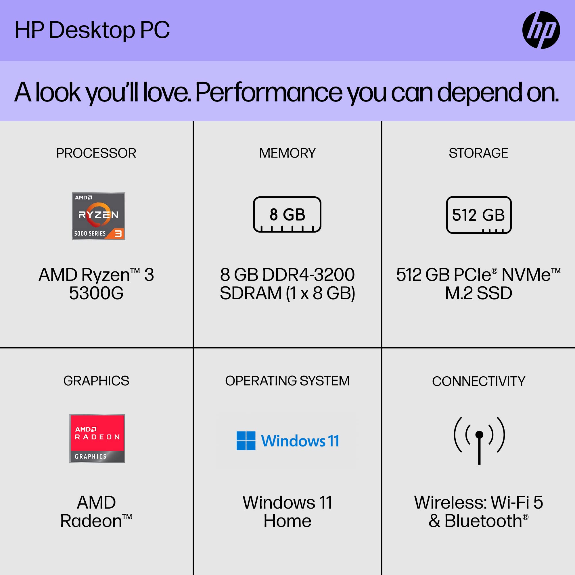 HP Desktop PC, AMD Ryzen 3 5300G, 8 GB SDRAM, 512 GB SSD, AMD Radeon Graphics, Windows 11 Home, M01-F3020 (2022)