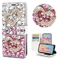 STENES Bling Wallet Phone Case Compatible with iPhone 13 Pro Max Case - Stylish - 3D Handmade Crystal Heart Magnetic Wallet Leather Cover with Screen Protector & Neck Strap Lanyard - Pink