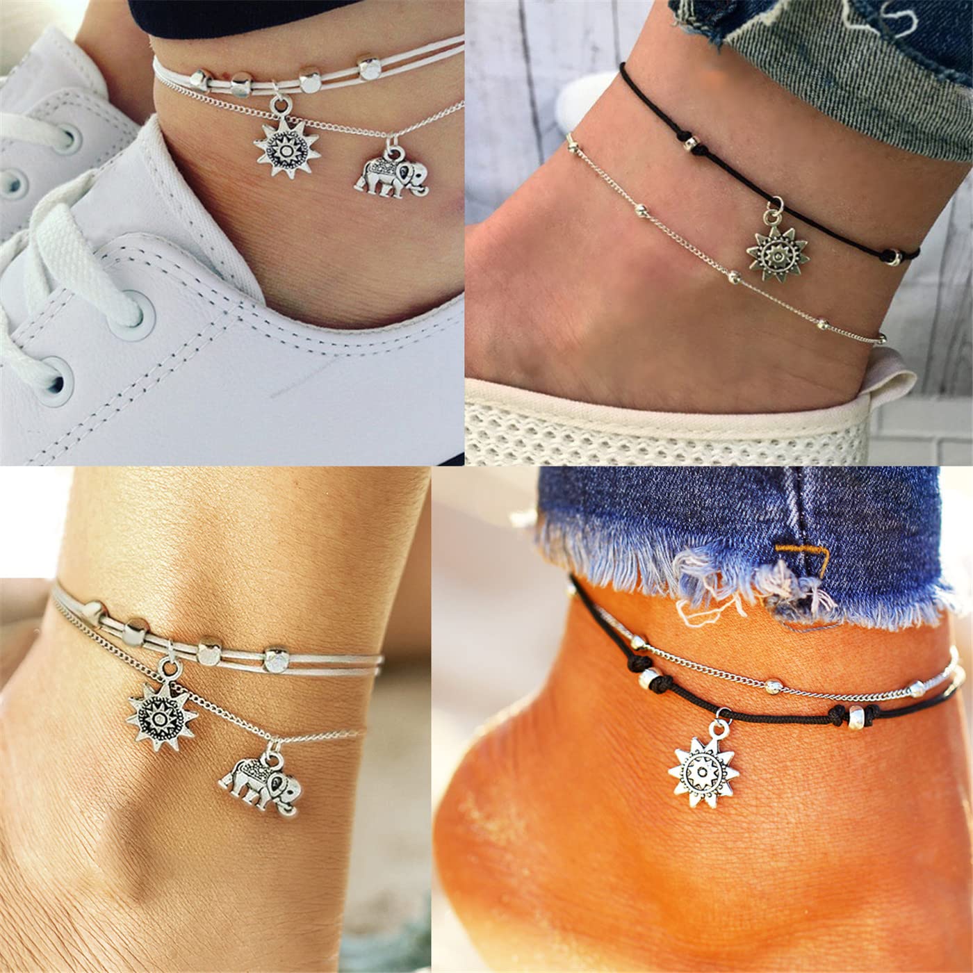 ATIMIGO 2PCS Boho Beach Layered Rope Anklet Bracelet Sunflower Elehant Charm Handmade Foot Jewelry for Women Teen Girls