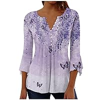 3/4 Sleeve Shirts for Women,Flowers Printed Shirt Button Down V Neck Pleated Blouse Petal Sleeve Boho Cute Tops