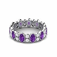 Sterling Silver 925 Amethyst Oval 6x4mm Grain Eternity Band With Rhodium Plated | Beautiful Design Eternity Band Ring For Everyday Accessories.