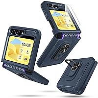 Janmitta for Samsung Galaxy Z Flip 5 Case Built in Front Screen Protector+Hinge Protection+Finger Ring Metal Kickstand,Heavy Duty Shockproof Full Body Protective Cover,2023 Navy Blue