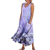 Dresses for Women 2024 Printed Swing Dress with Pocket Sleeveless Lightweight Dresses Casual Vacation Beach Dress