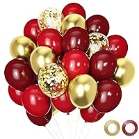 Red and Gold Party Balloons, 50 Pcs 12 Inch Burgundy Balloons Ruby Red and Gold Latex Balloons For Birthday Engagement Wedding Bridal Shower Anniversary Valentines Decorations