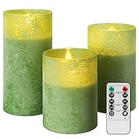 Glass Battery Operated Flameless Led Candles with 10-Key Remote and Timer, Ocean Theme Green Sandblast Flickering Real Wax Pillar Candles for Home Party Weddings Christmas Decor(Sandblast Green)