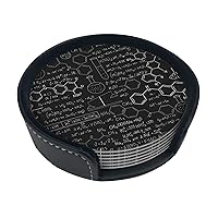 Abstract Science Chemistry Print Leather Coaster Set of 6 Pieces,with Holder Round Heat-Resistant Drinks Coffee Decorative Coaster for Living Room Kitchen,4 in