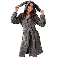 Women Fleece Hooded Robes Soft Plush Cute Rabbit Ears Bathrobe with Pockets Fluffy Knee Length House Coat Spa Robe Loungewear