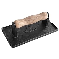 Victoria Rectangular Cast-Iron Meat Press with a Wooden Handle, Preseasoned with Flaxseed Oil, Made in Colombia, Black