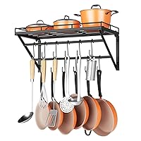 OROPY 23 Inch Wall Mounted Pot Rack Storage Shelf with 2 Tier Hanging Rails 12 S Hooks included, Ideal for Pans, Utensils, Cookware, Plant Black