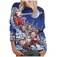 Women's Christmas Shirt Stylish Crewneck Loose Fit Sweatshirt Classic Long Sleeve Hat Print Blouses Pullover Tunic Tops