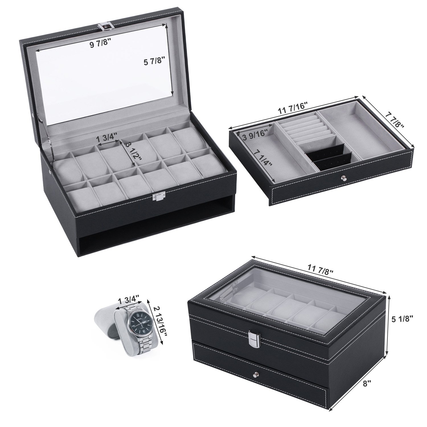 BEWISHOME Watch Box Organizer Case 12 Mens Womens Jewelry Display Drawer w/Adjustable Tray Glass Top Black PU Leather SSH02B