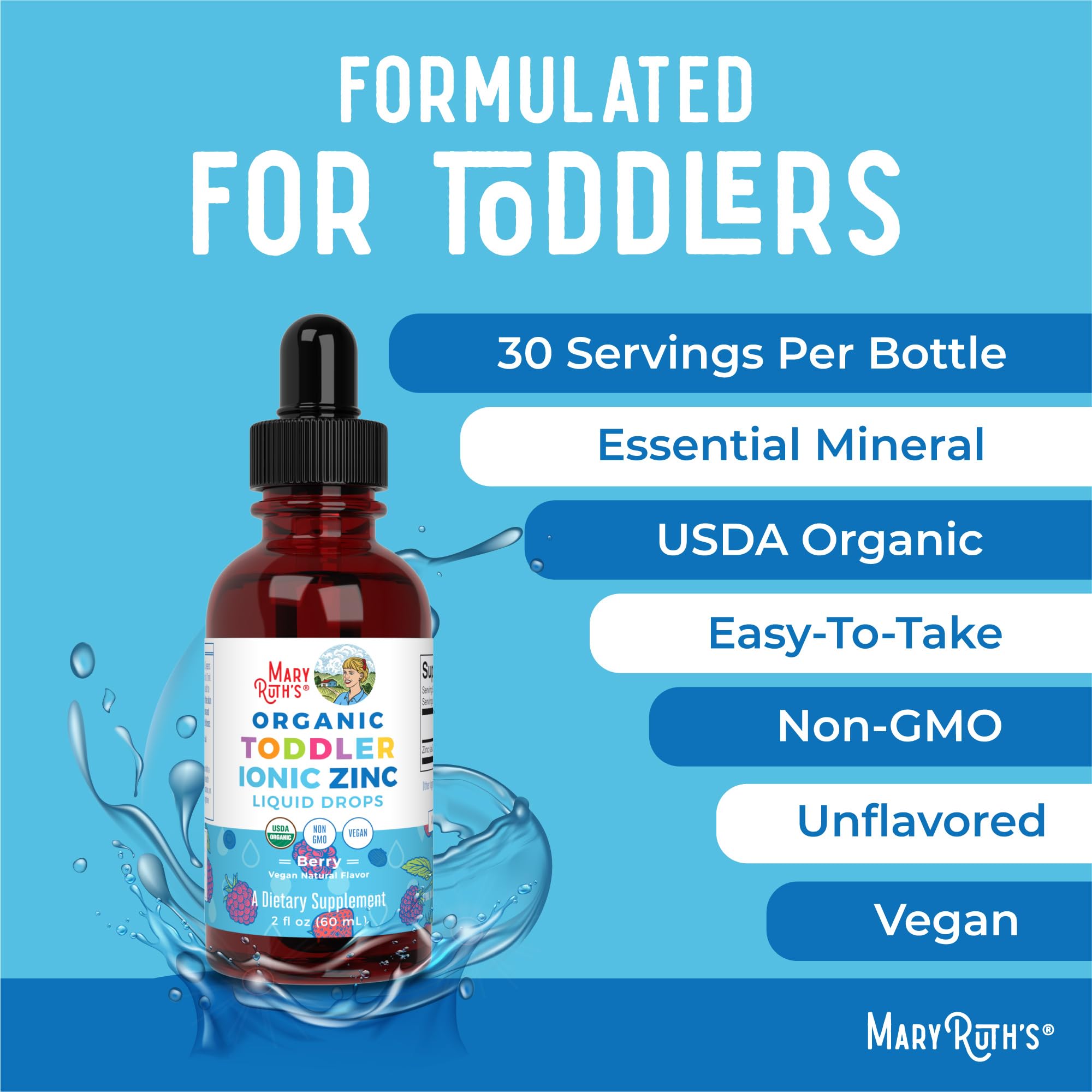MaryRuth's Toddler Liquid Ionic Zinc Sulfate with Organic Glycerin for Immune Support | Vegan | Formulated for Ages 1-3 | 1 Month Supply | 2 Fl Oz