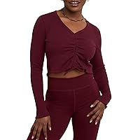 Hanes Womens Originals Rib Shirred Crop Top, Long Bell Sleeve Shirt, Lettuce Edge Hem