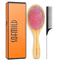 Sofmild Bamboo Wooden Paddle Hair Brush Comb Set, Hairbrushes for Women Men Kid Detangling Hair Massaging Scalp with Round Tip Bristles for All Hairstyles (Pink Wooden)