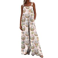 Overalls Easter Print Womens Wide Leg Jumpsuits Dressy Rompers Casual Fashion Sleeveless Straps Summer With Pockets