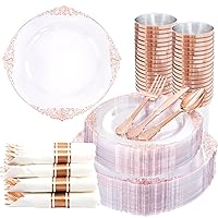 Nervure 350PCS Rose Gold Plastic Plates - Clear Rose Gold Disposable Plates for 50Guests - 50Dinner Plates, 50Dessert Plates, 150Rose Gold Silverware, 50Cups, 50Rolled Napkins for Wedding & Party