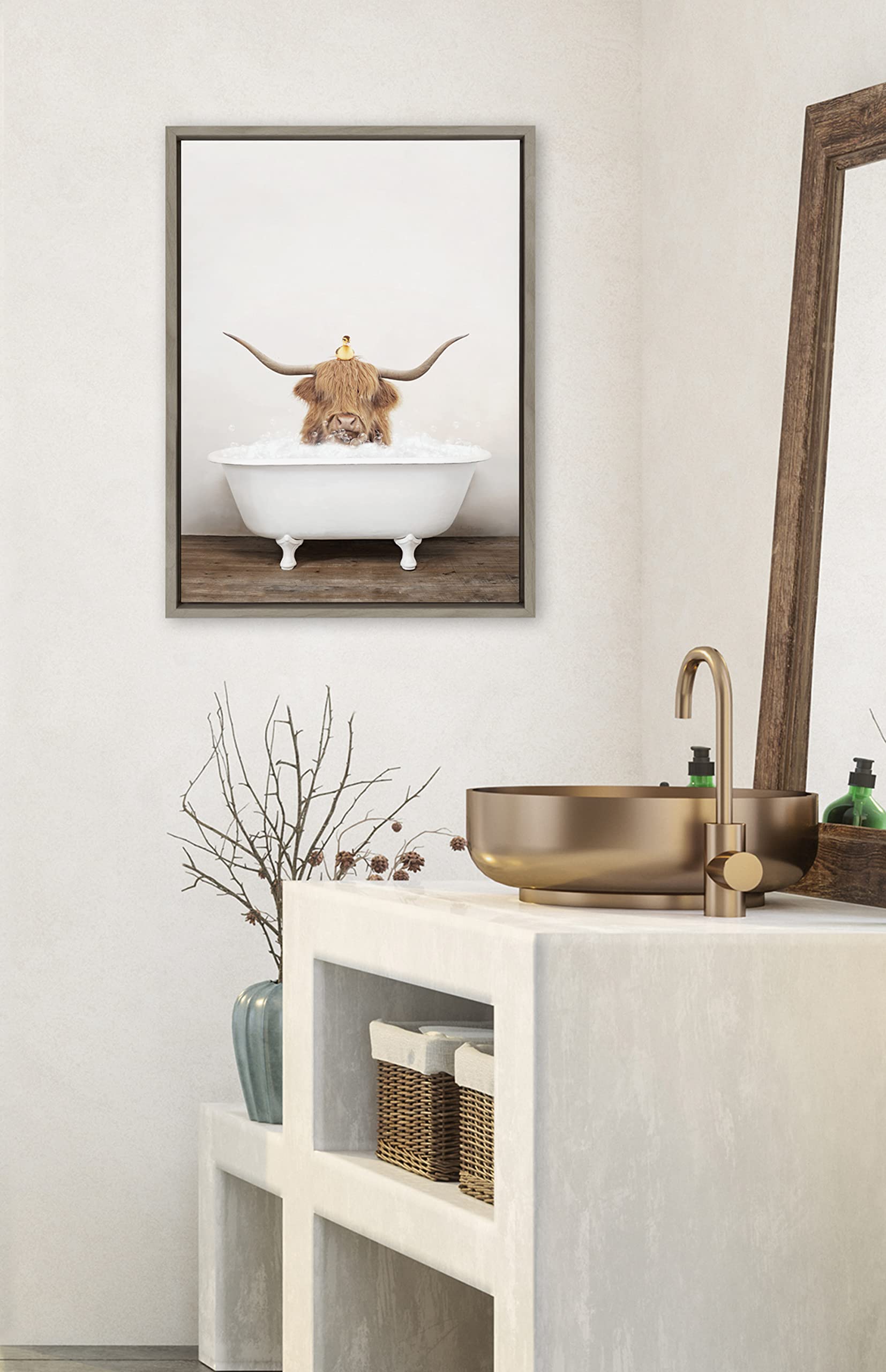 Kate and Laurel Sylvie Highland Cow and Duckling in Rustic Bath Framed Canvas Wall Art by Amy Peterson Art Studio, 18x24 Gray, Modern Fun Decorative Bathtub Wall Art for Home Décor