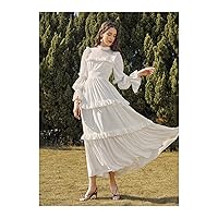 Fall Dresses for Women 2023 Mock Neck Gathered Sleeve Layered Ruffle Detail Dress Dresses for Women (Color : White, Size : X-Large)