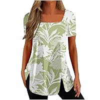 Business Casual Tops for Women Plus Size Fashion Summer Short Sleeve Square Neck Pullover Solid Color Blouse