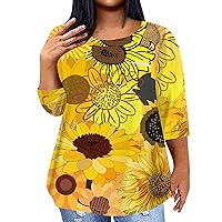Dressy Tops for Women Plus Size Plus Size Tops for Women Sunflower Print Casual Fashion Trendy Loose Fit with 3/4 Sleeve Round Neck Shirts Fluorescence Yellow 4X-Large