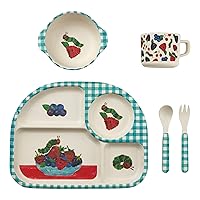 Funkins Eco-Friendly Bamboo Kids Dinnerware Set - Fun & Bright Non-Toxic Colors, BPA-Free, Dishwasher Safe, Divided Plate, Bowl, Cup, Fork, Spoon for Toddler Meals, The World of Eric Carle (Berries)